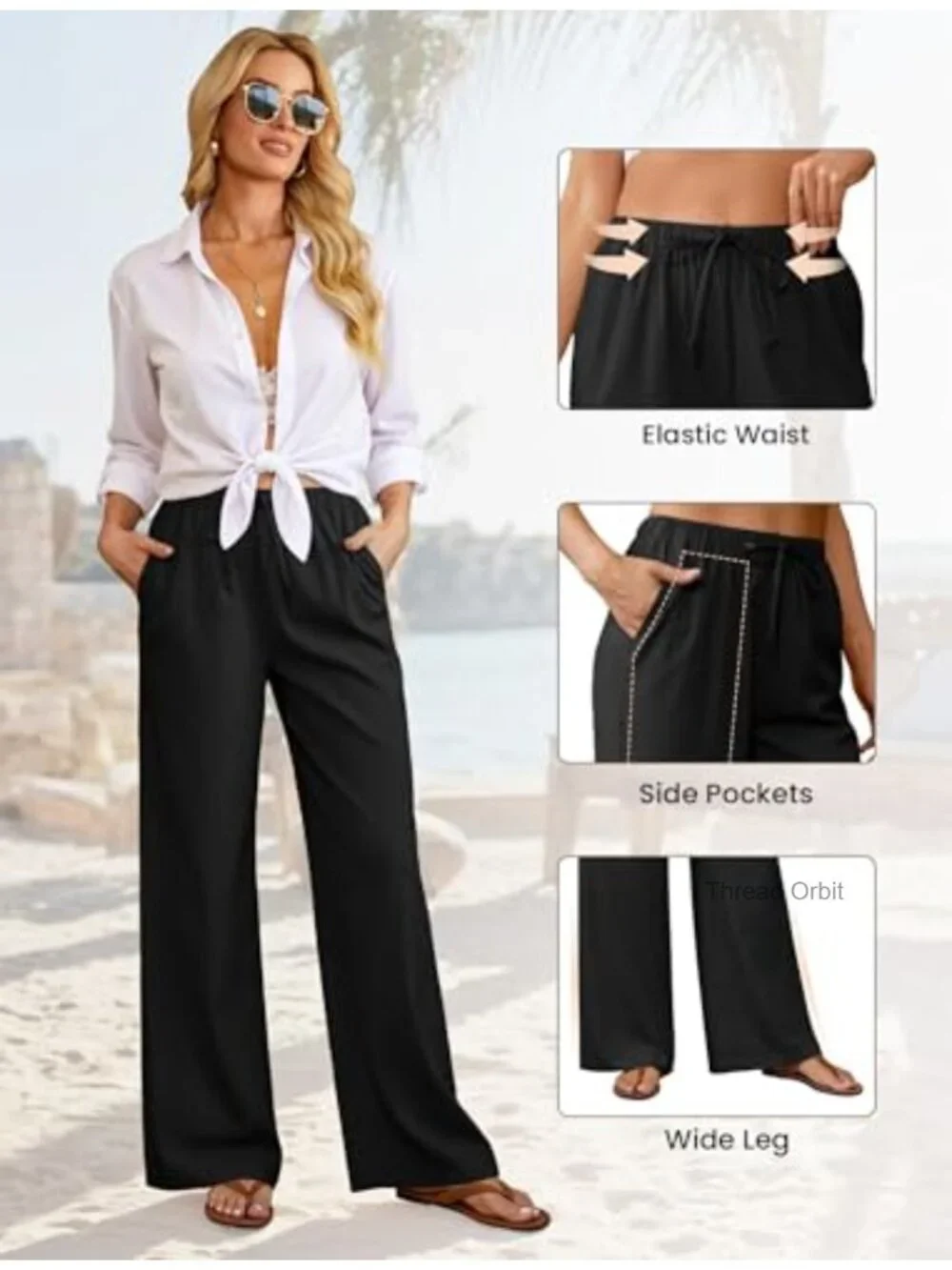 Women's Linen Wide Leg Palazzo Pants with Pockets_4
